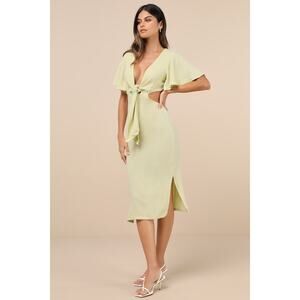 Lulus Light Green Summer Journey Linen Blend Tie-Front Cutout Midi Dress Medium